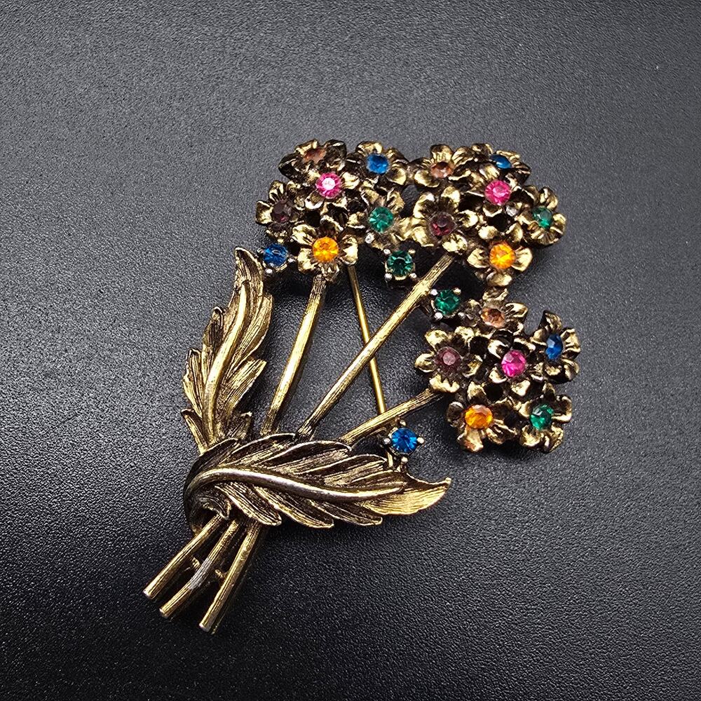 Colorful Rhinestone Flower Bouquet Brooch Vintage Costume Jewelry
